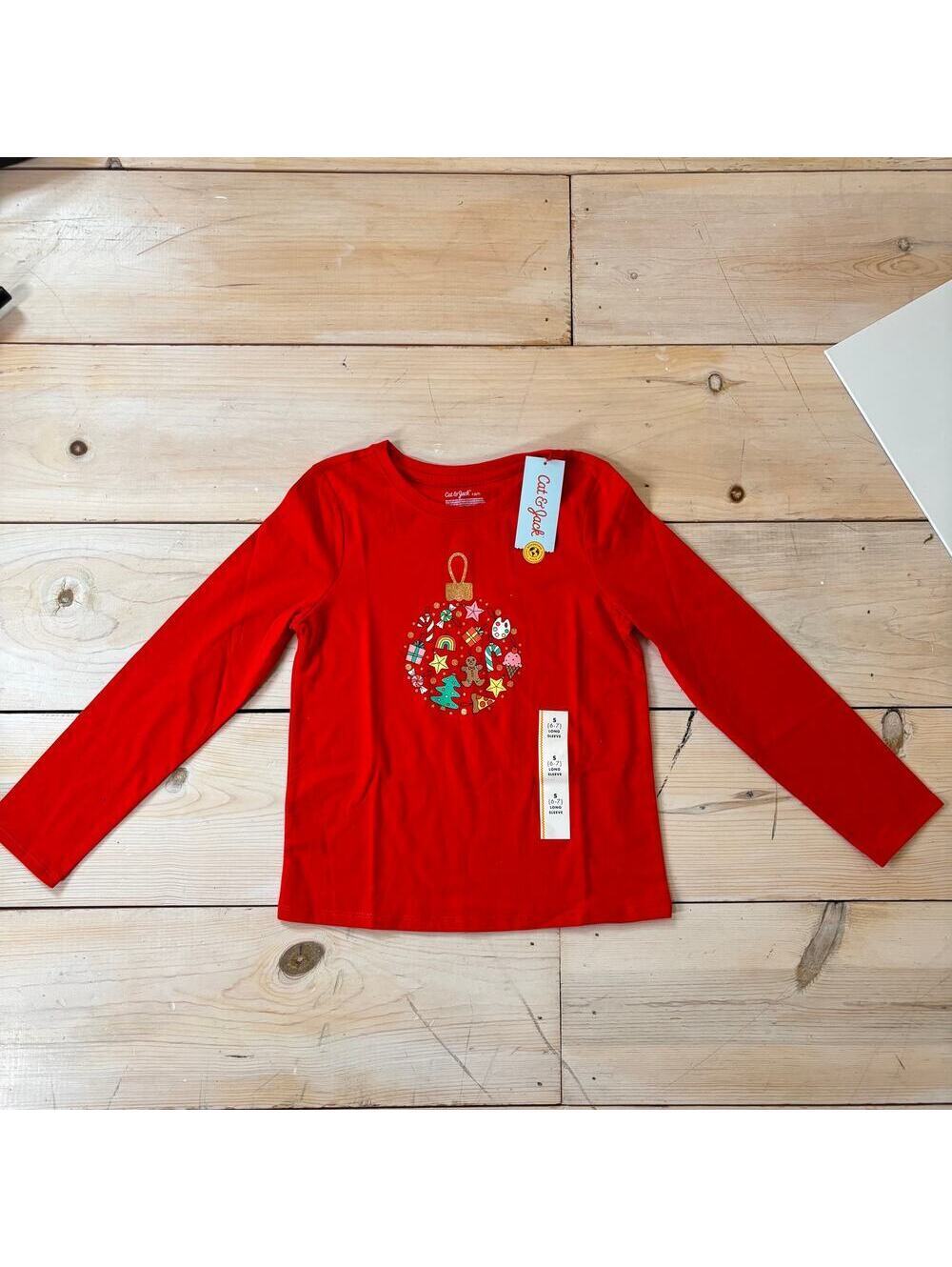 Cat & Jack NWT Girls' Red Christmas Ornament Print Shirt S (6/7)
